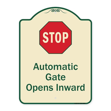 Signmission Designer Series-Stop Automatic Gate Opens Inward With Symbol, 24" x 18", TG-1824-9885 A-DES-TG-1824-9885